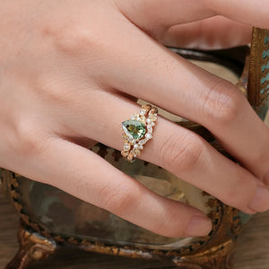 Sylvie’s Vine | Vintage Green Sapphire & Leaf Bridal Set 2pcs