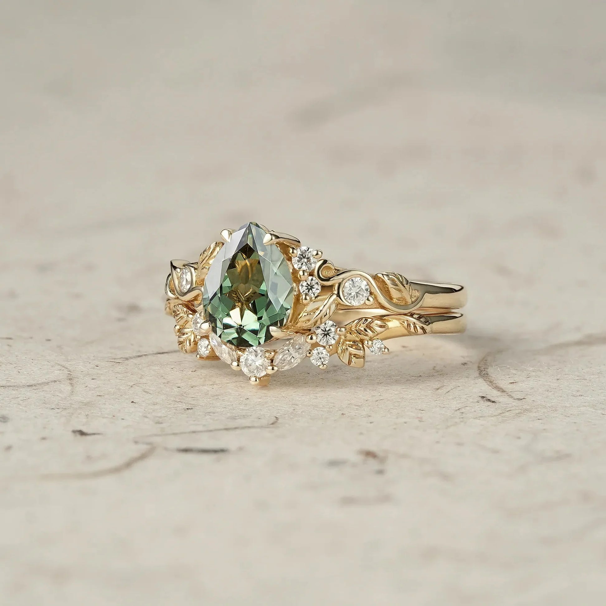 Sylvie’s Vine | Vintage Green Sapphire & Leaf Bridal Set 2pcs