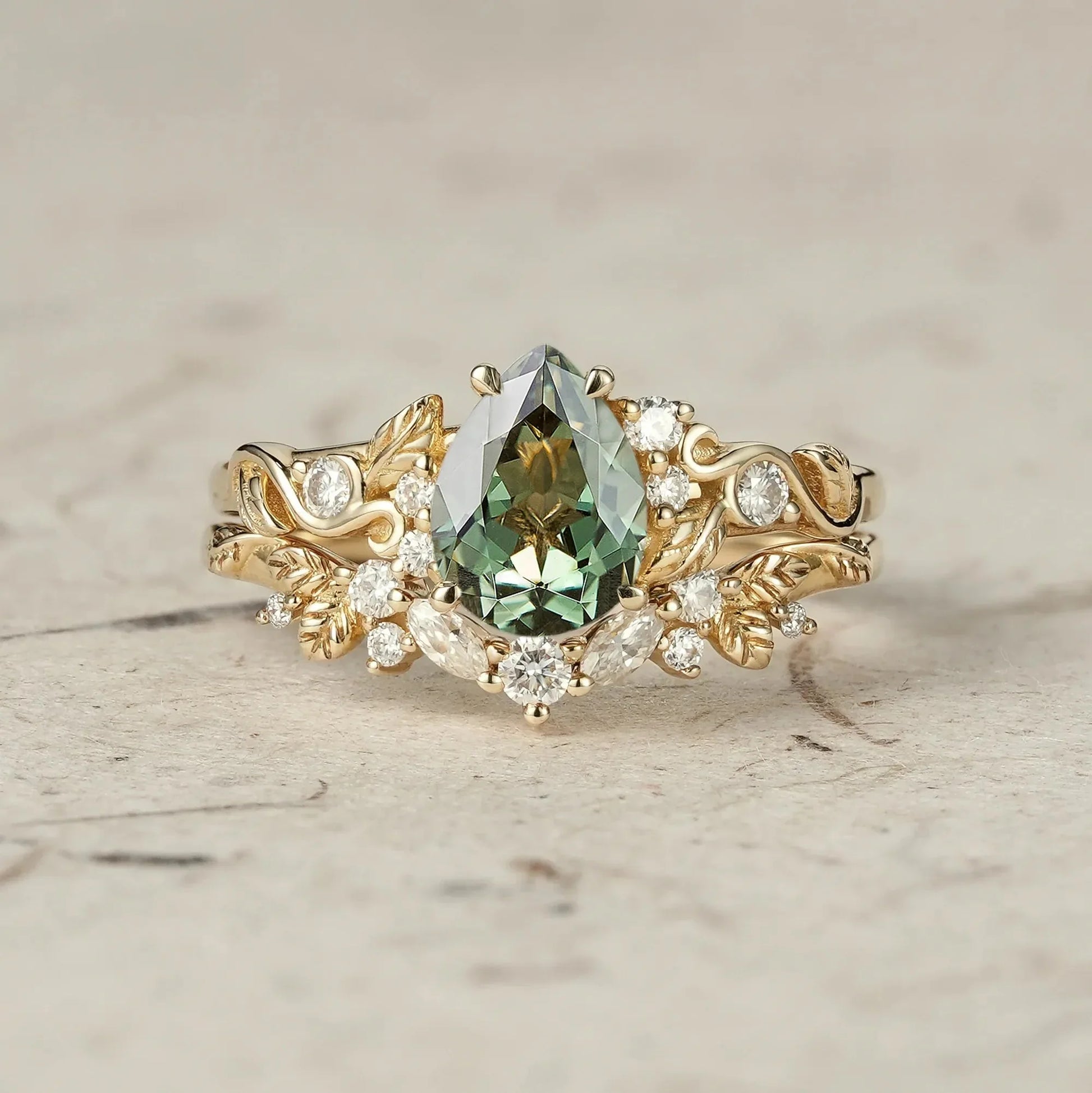 Sylvie’s Vine | Vintage Green Sapphire & Leaf Bridal Set 2pcs