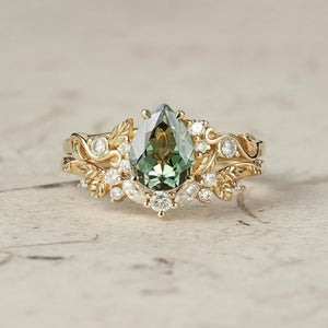 Sylvie’s Vine | Vintage Green Sapphire & Leaf Bridal Set 2pcs