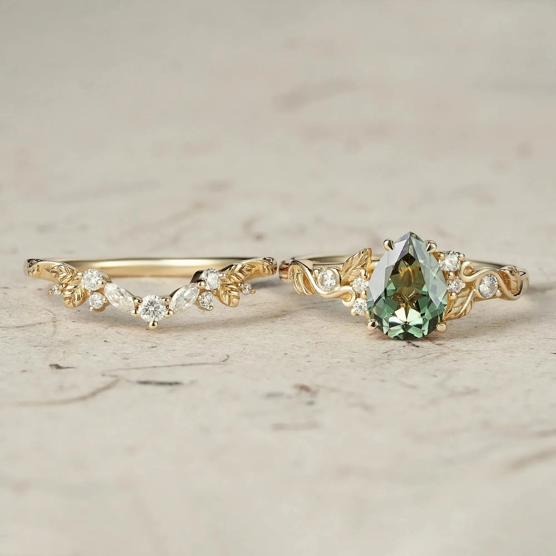 Sylvie’s Vine | Vintage Green Sapphire & Leaf Bridal Set 2pcs