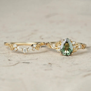 Sylvie’s Vine | Vintage Green Sapphire & Leaf Bridal Set 2pcs