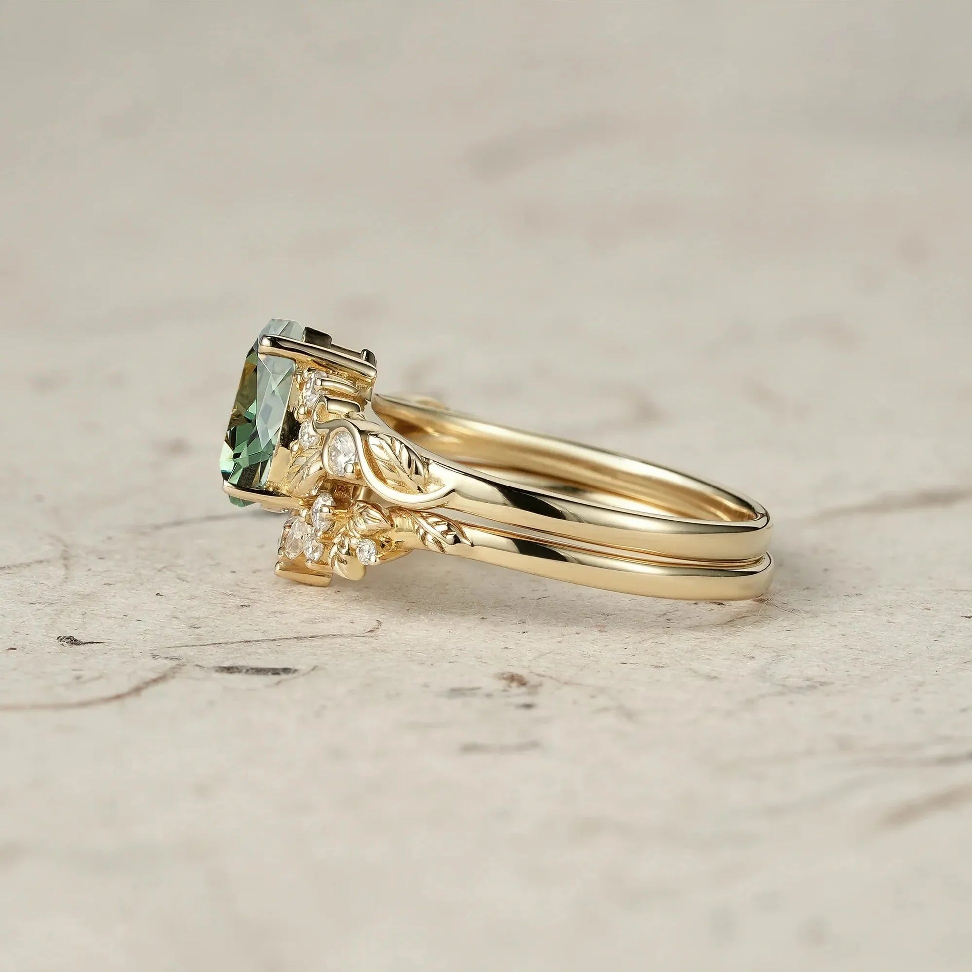 Sylvie’s Vine | Vintage Green Sapphire & Leaf Bridal Set 2pcs