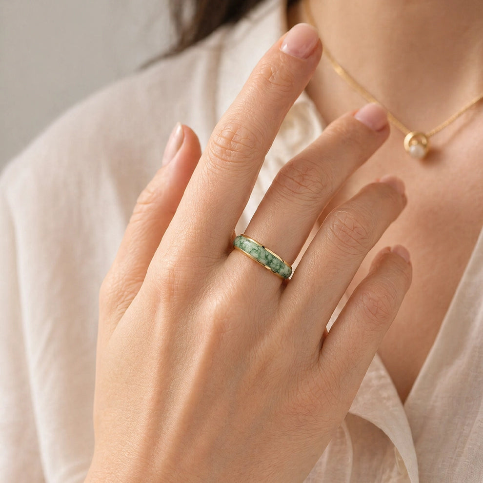 Atlas Arc | Eternal Curved Moss Agate Inlay Wedding Band.