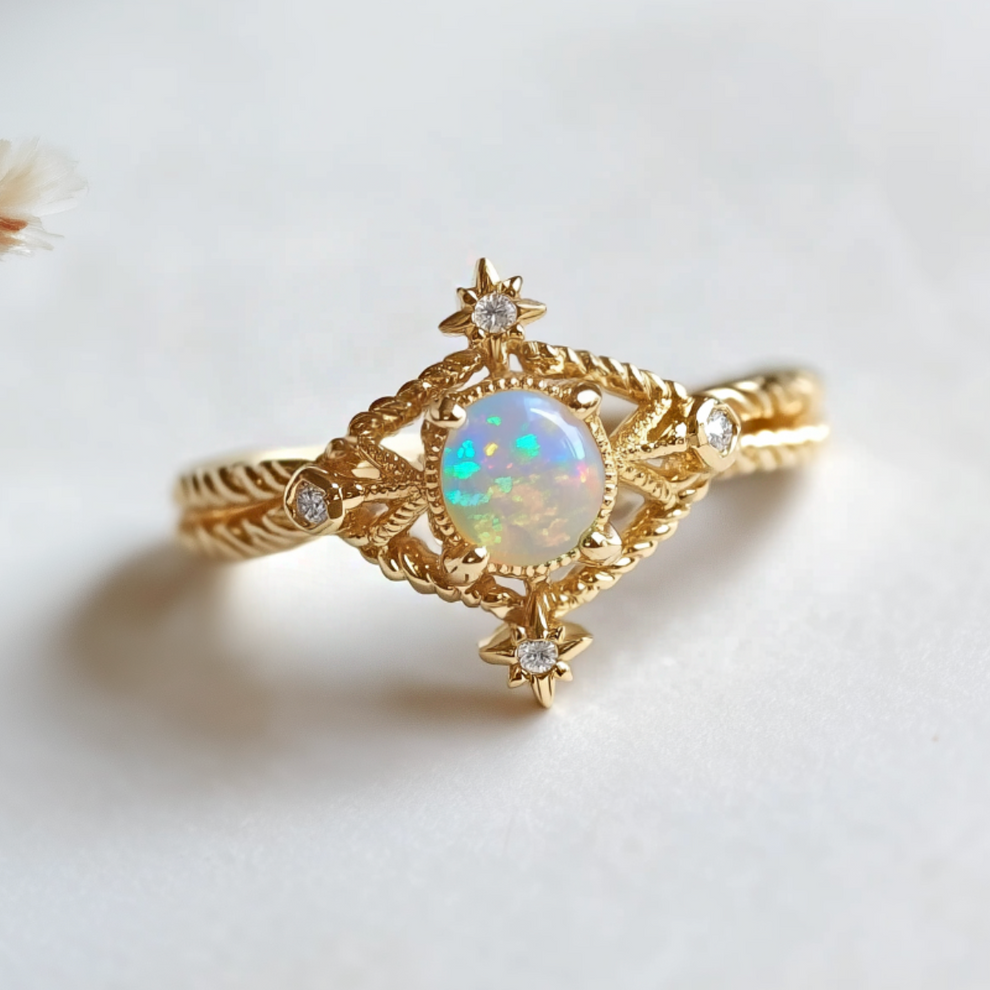 Aurora’s Knotwork | Round Opal Engagement Ring with Open Lozenge Weave & Nodes.
