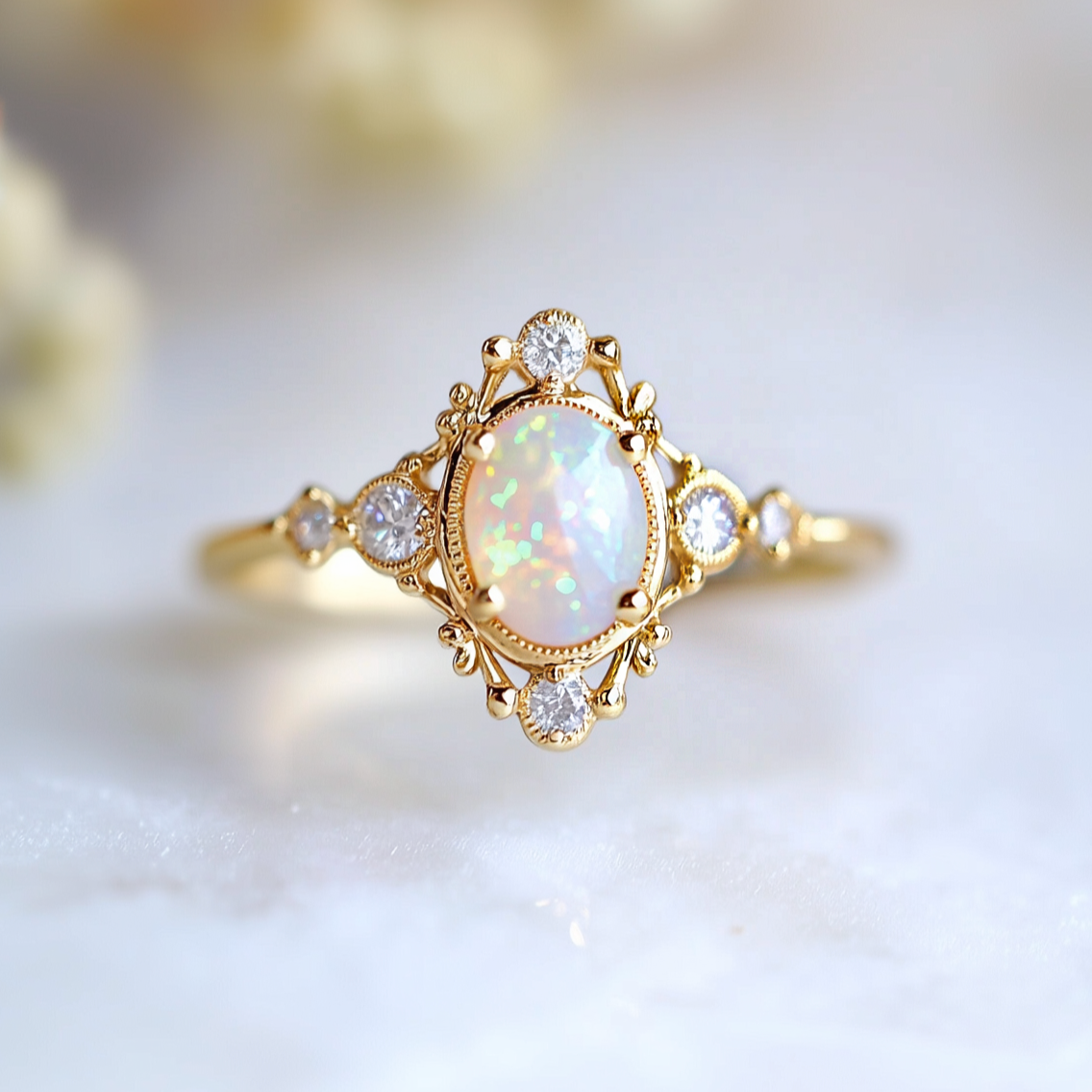 Aurora’s Mirage | Vintage Oval Opal Engagement Ring.