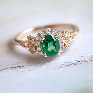 Isolde’s Halo | Rectangular Natural Emerald Engagement Ring with Diamond Halo.