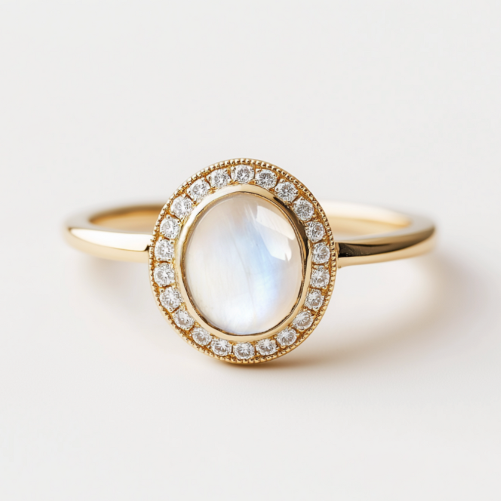 Celia’s Aureole | Classic Moonstone Halo Engagement Ring.