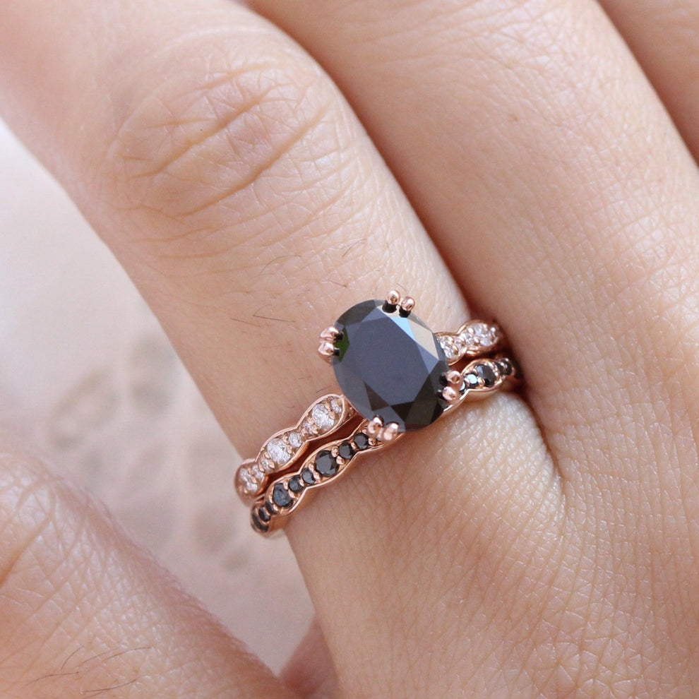 Nyx’s Shadow | Oval Black Diamond Bridal Set with Black Diamond Bands 2pcs.