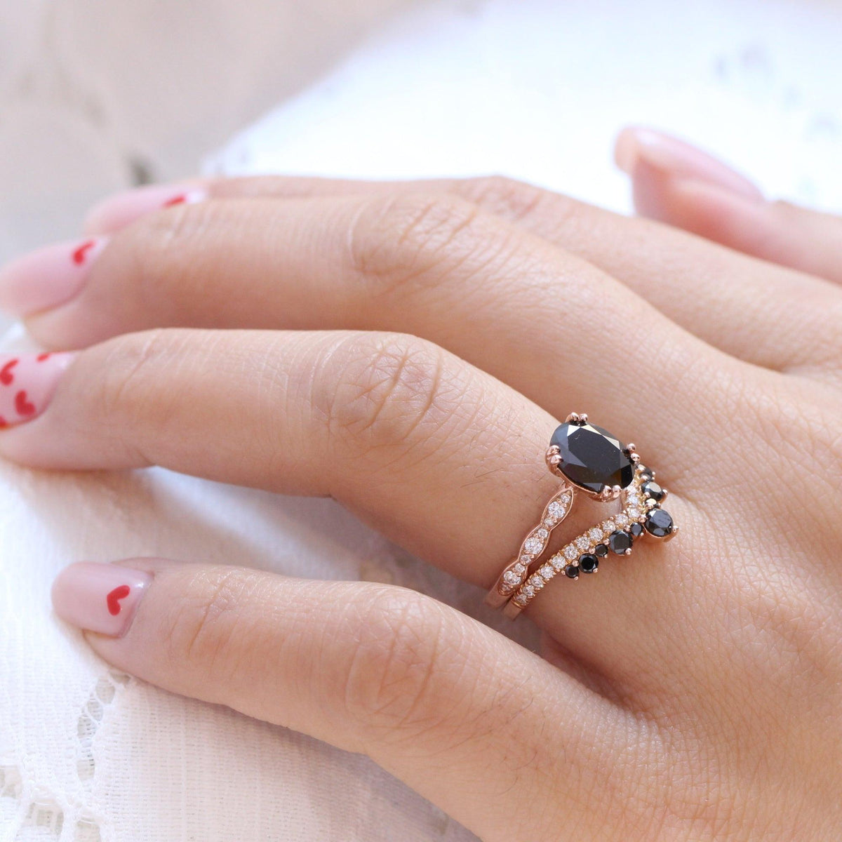 Grace’s Arc | Oval Black Diamond & Curved Band Bridal Set 2pcs.
