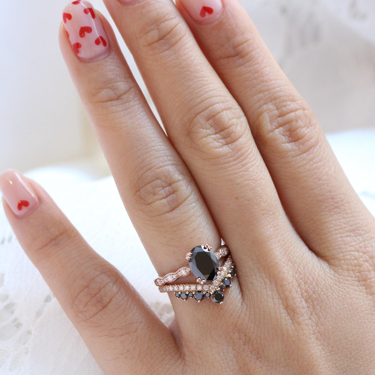 Grace’s Arc | Oval Black Diamond & Curved Band Bridal Set 2pcs.