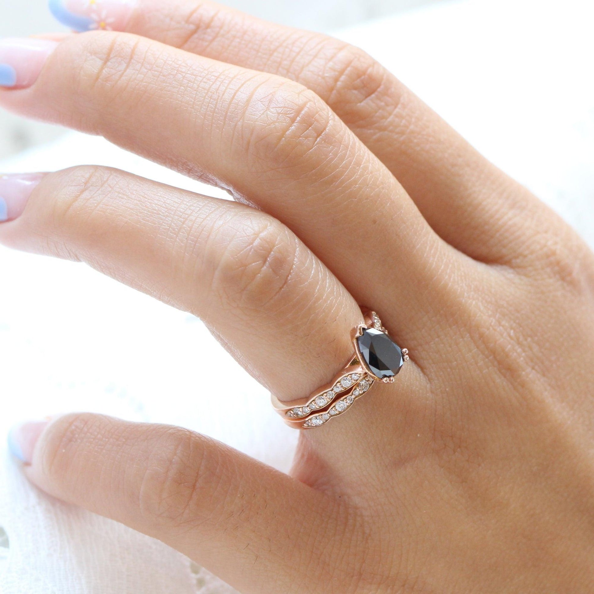 Aria‘s Cipher | Pear Cut Black Diamond Ring & Matching Diamond Band Ring Set.