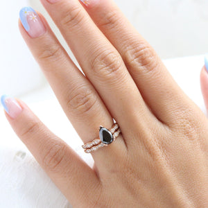 Aria‘s Cipher | Pear Cut Black Diamond Ring & Matching Diamond Band Ring Set.