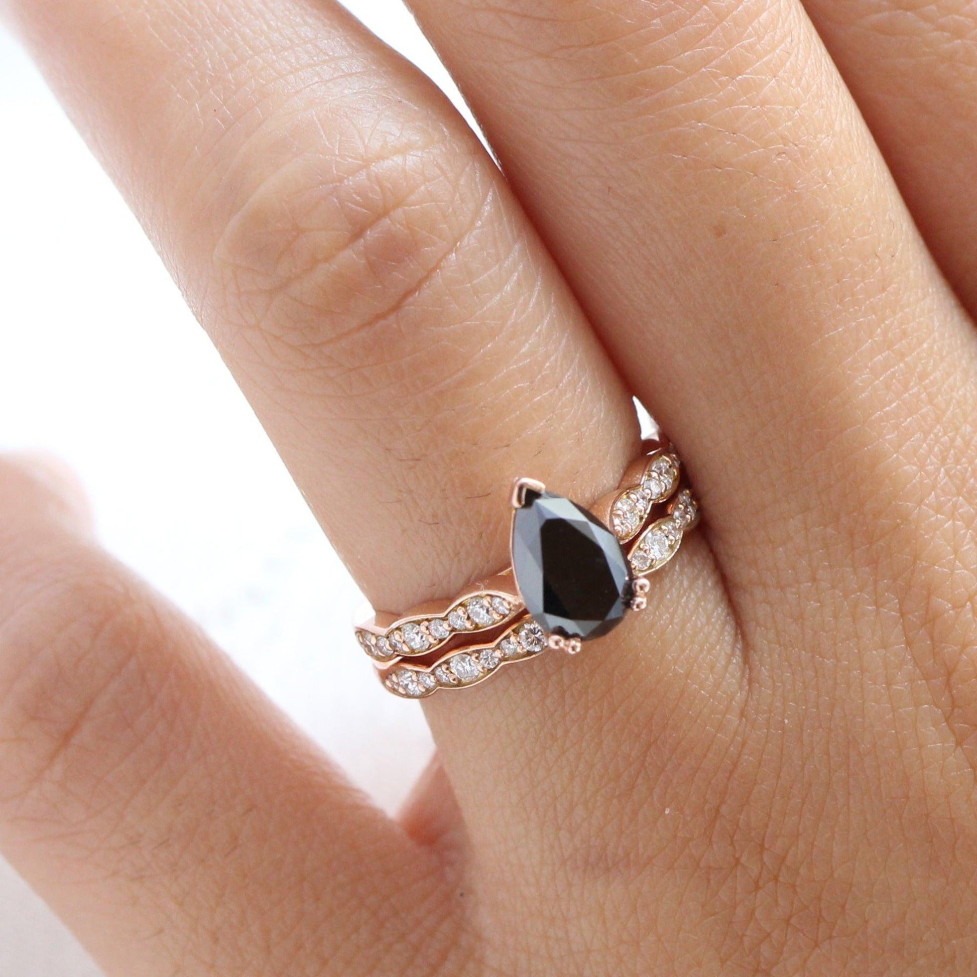 Aria‘s Cipher | Pear Cut Black Diamond Ring & Matching Diamond Band Ring Set.