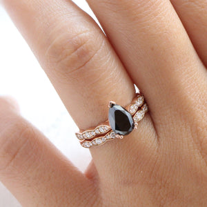 Aria‘s Cipher | Pear Cut Black Diamond Ring & Matching Diamond Band Ring Set.
