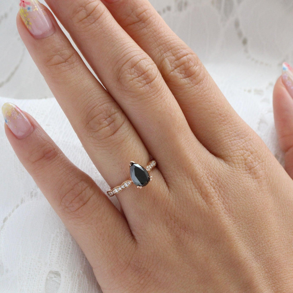 Grace’s Scallop | Pear Black Diamond Solitaire Engagement Ring.