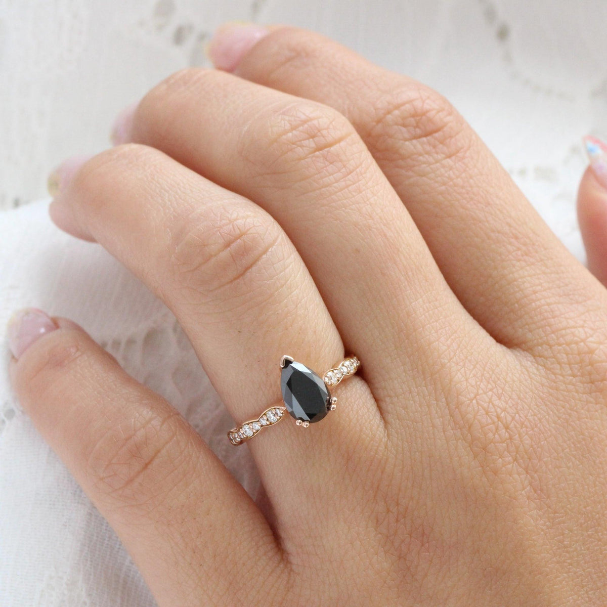 Grace’s Scallop | Pear Black Diamond Solitaire Engagement Ring.