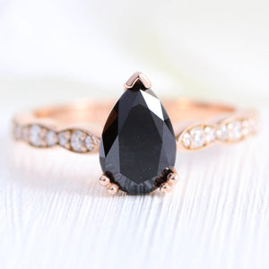 Aria‘s Cipher | Pear Cut Black Diamond Ring & Matching Diamond Band Ring Set.