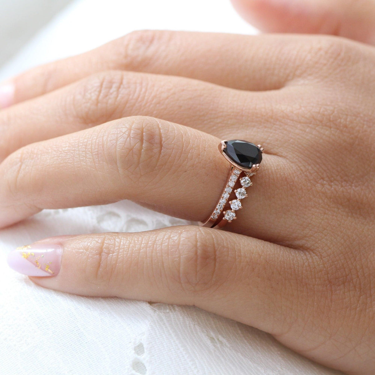 Grace’s Eclipse | Pear Cut Black Diamond Solitaire & Diamond Band Bridal Set 2pcs.
