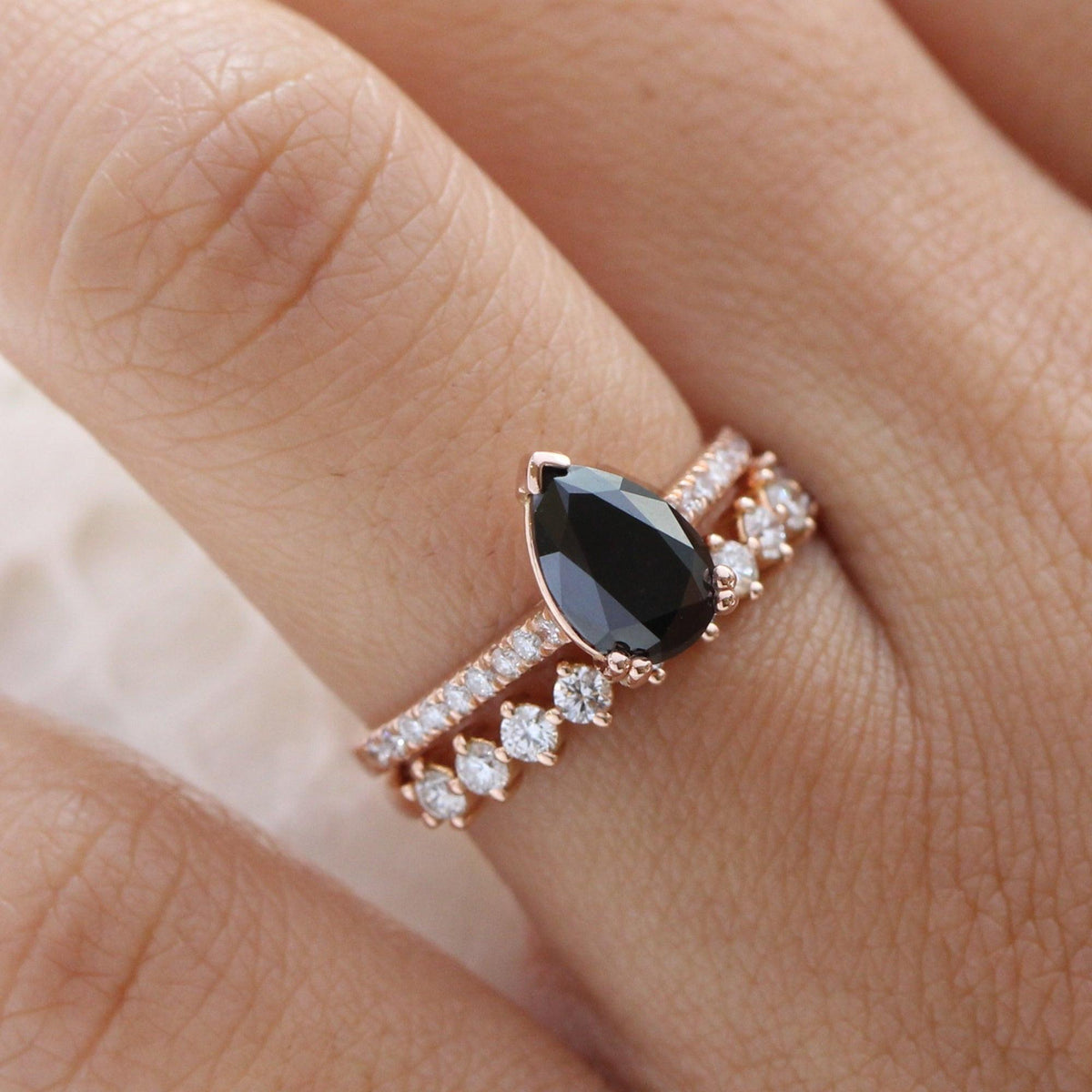 Grace’s Eclipse | Pear Cut Black Diamond Solitaire & Diamond Band Bridal Set 2pcs.