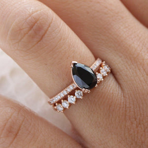 Grace’s Eclipse | Pear Cut Black Diamond Solitaire & Diamond Band Bridal Set 2pcs.