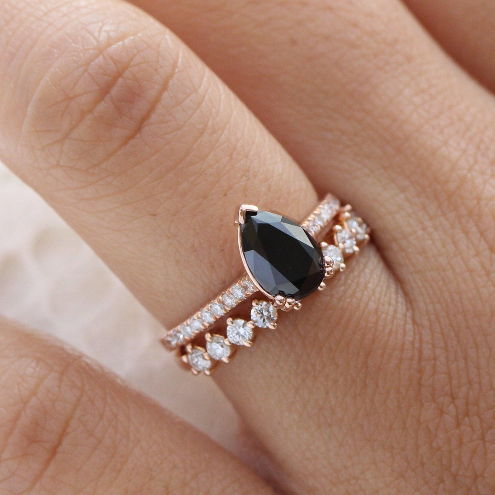 Grace’s Eclipse | Pear Cut Black Diamond Solitaire & Diamond Band Bridal Set 2pcs.