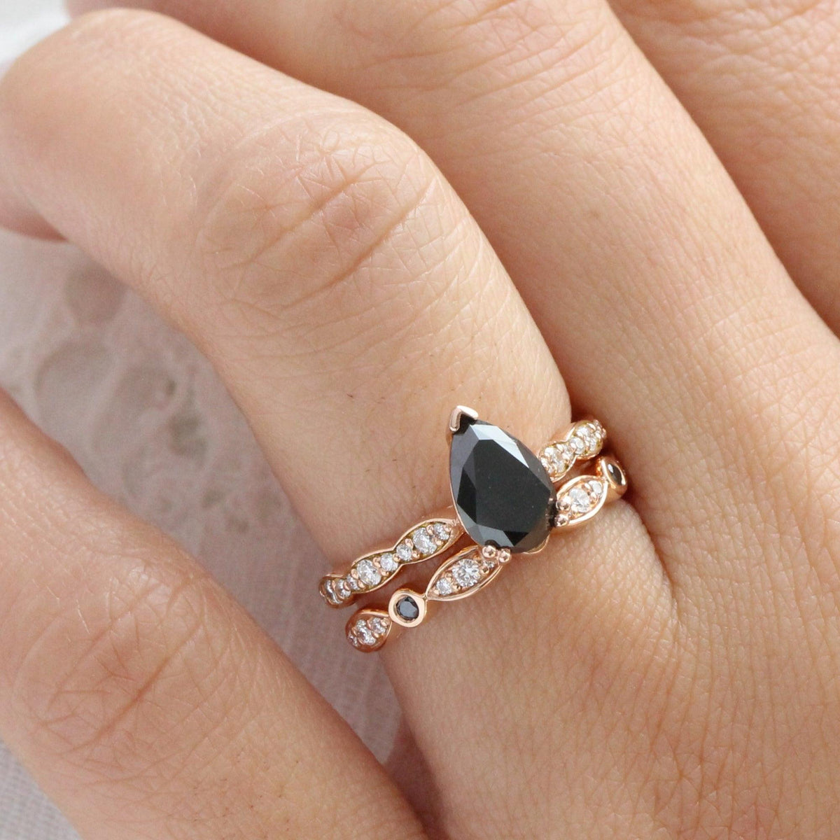 Grace’s Eclipse | Pear Black Diamond Solitaire & Bezel Wedding Band Bridal Set 2pcs.