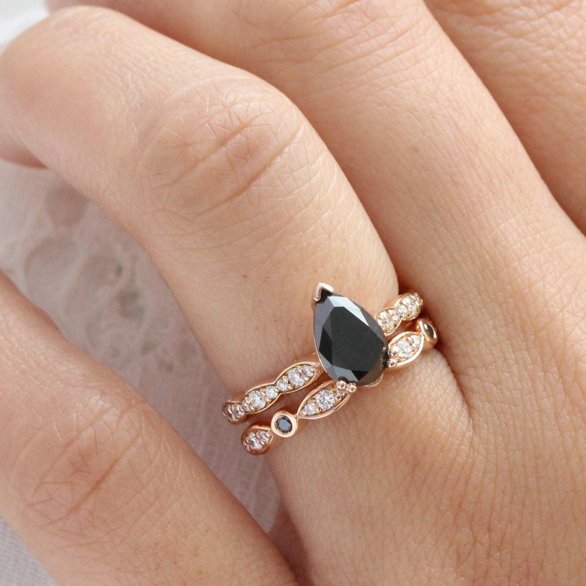 Grace’s Eclipse | Pear Black Diamond Solitaire & Bezel Wedding Band Bridal Set 2pcs.