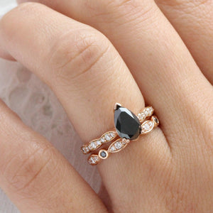 Grace’s Eclipse | Pear Black Diamond Solitaire & Bezel Wedding Band Bridal Set 2pcs.