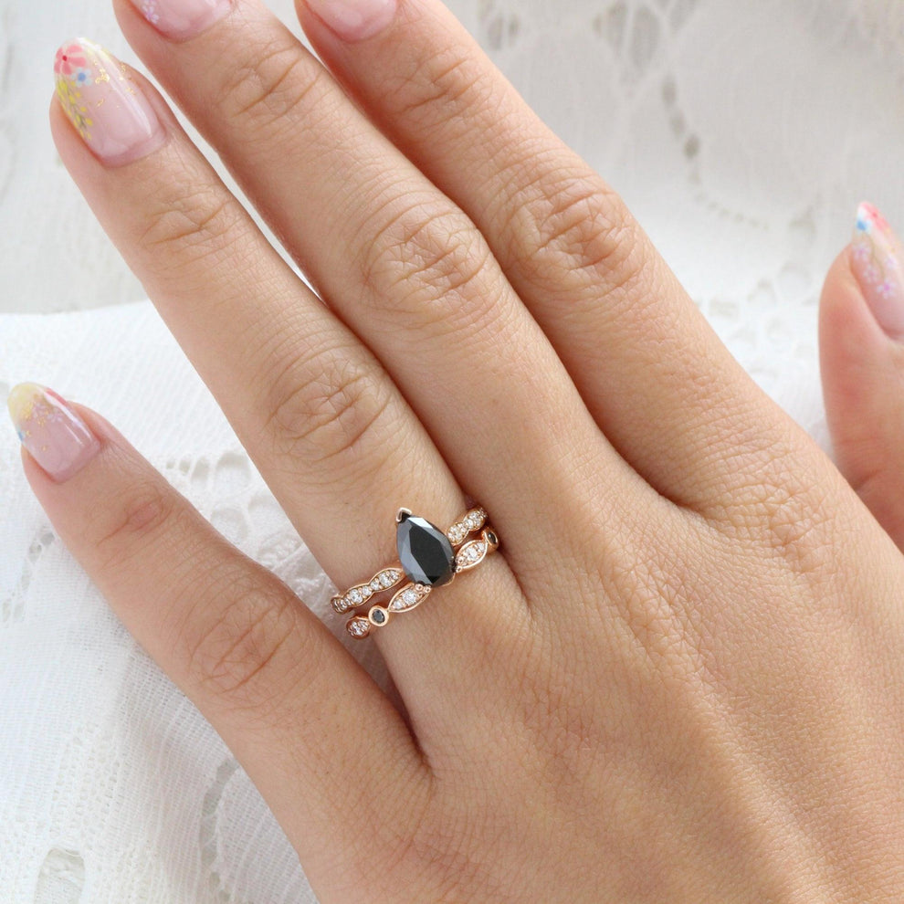 Grace’s Eclipse | Pear Black Diamond Solitaire & Bezel Wedding Band Bridal Set 2pcs.