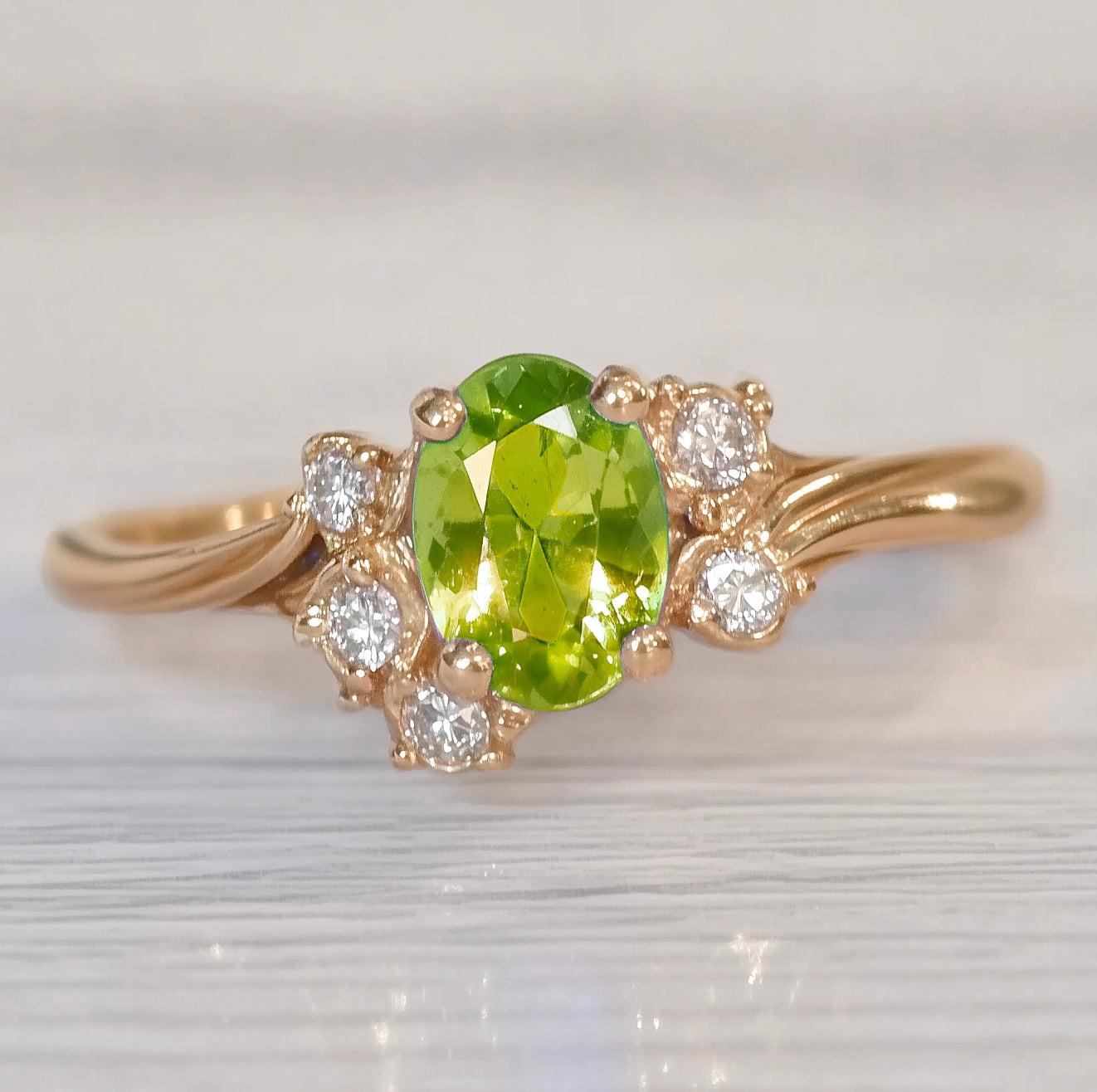 Lily of the Meadow Green Peridot Engagement ring, Peridot ring, Engagement ring.