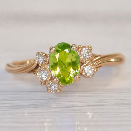 Lily of the Meadow Green Peridot Engagement ring, Peridot ring, Engagement ring.