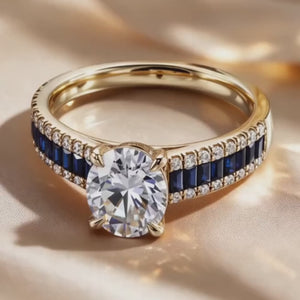 The Ocean Aurora | 1 Carat Round Moissanite & Blue Baguette Ring