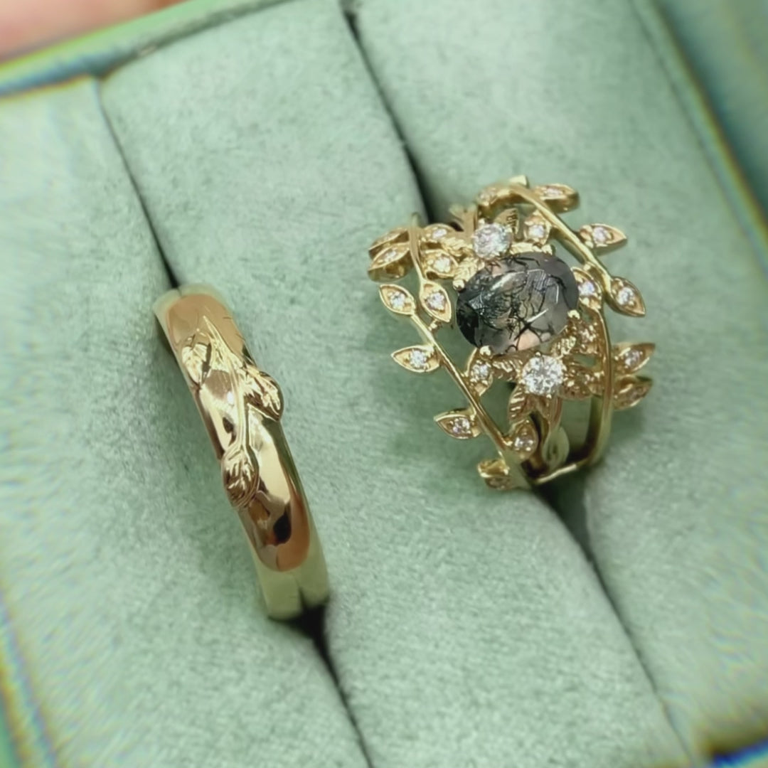 Léonie Oval Cut Moss Agate Leafy Gold Couple Ring Set.