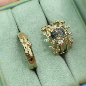Léonie Oval Cut Moss Agate Leafy Gold Couple Ring Set.
