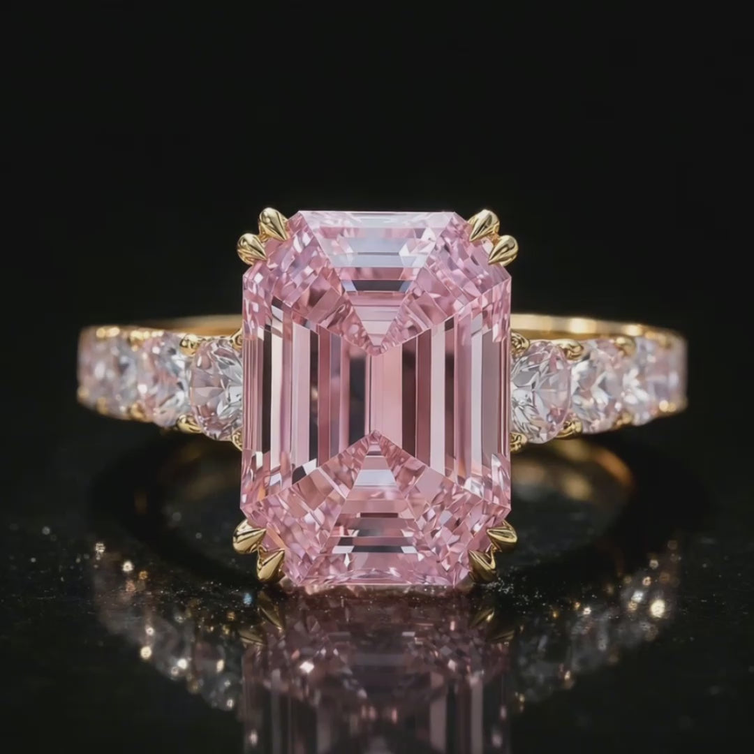 Elena's Oath | 3CT Green Emerald Cut Pink Glasshouse Ring.