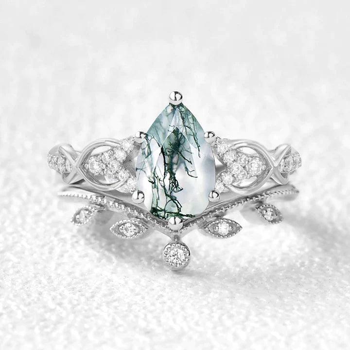 Pear Shaped Moss Agate Infinity Leafy Bridal Ring Set 2pcs.