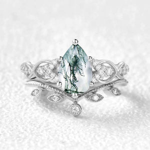 Pear Shaped Moss Agate Infinity Leafy Bridal Ring Set 2pcs.