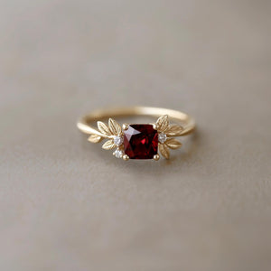 Crimson Grove Red Square Garnet Ring, Red Garnet engagement ring, Garnet Leaf Ring.