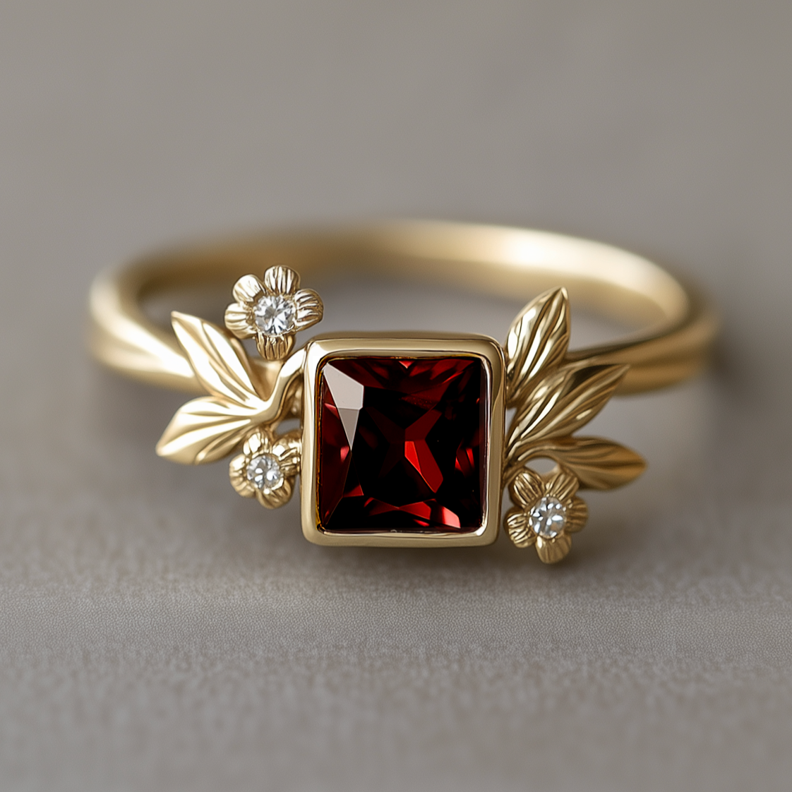 Juliet’s Crimson | Classic Princess Cut Red Ruby Leafy Halo Engagement Ring.