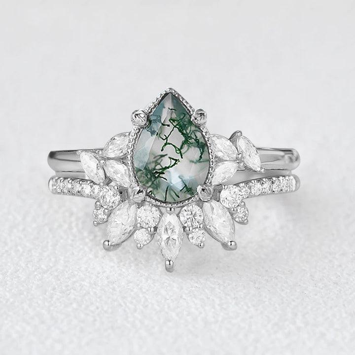 Pear Shaped Moss Agate Marquise Cluster Ring Set 2pcs.