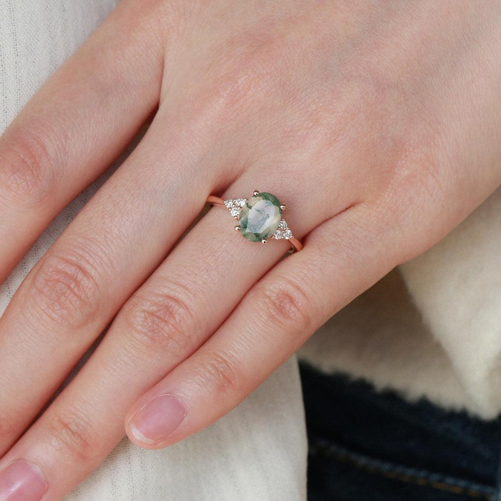 Aurora’s Dew | Oval Moss Agate Classic Cluster Engagement Ring.