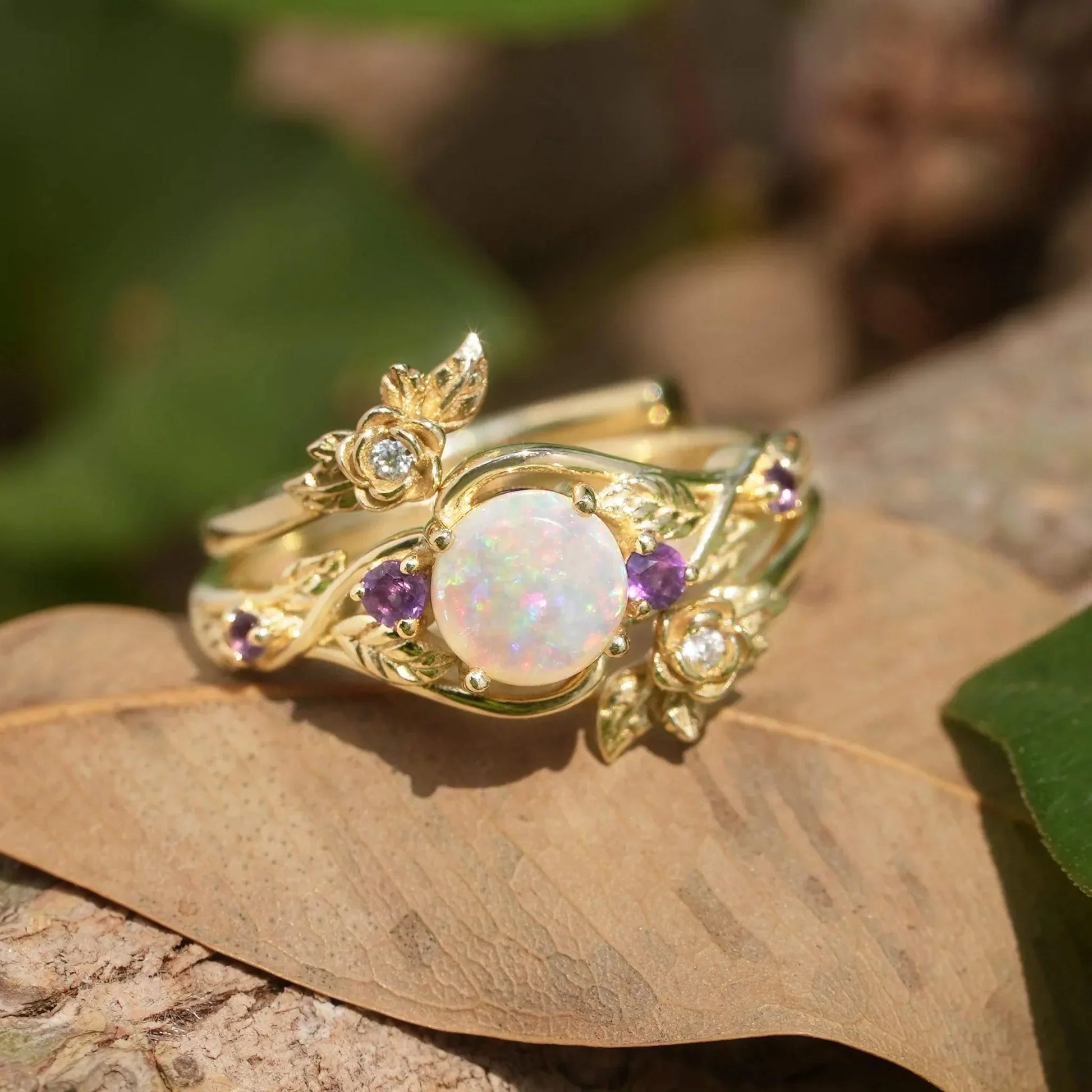 Rose’s Blossom | Opal & Amethyst Bridal Ring Set 2pcs.