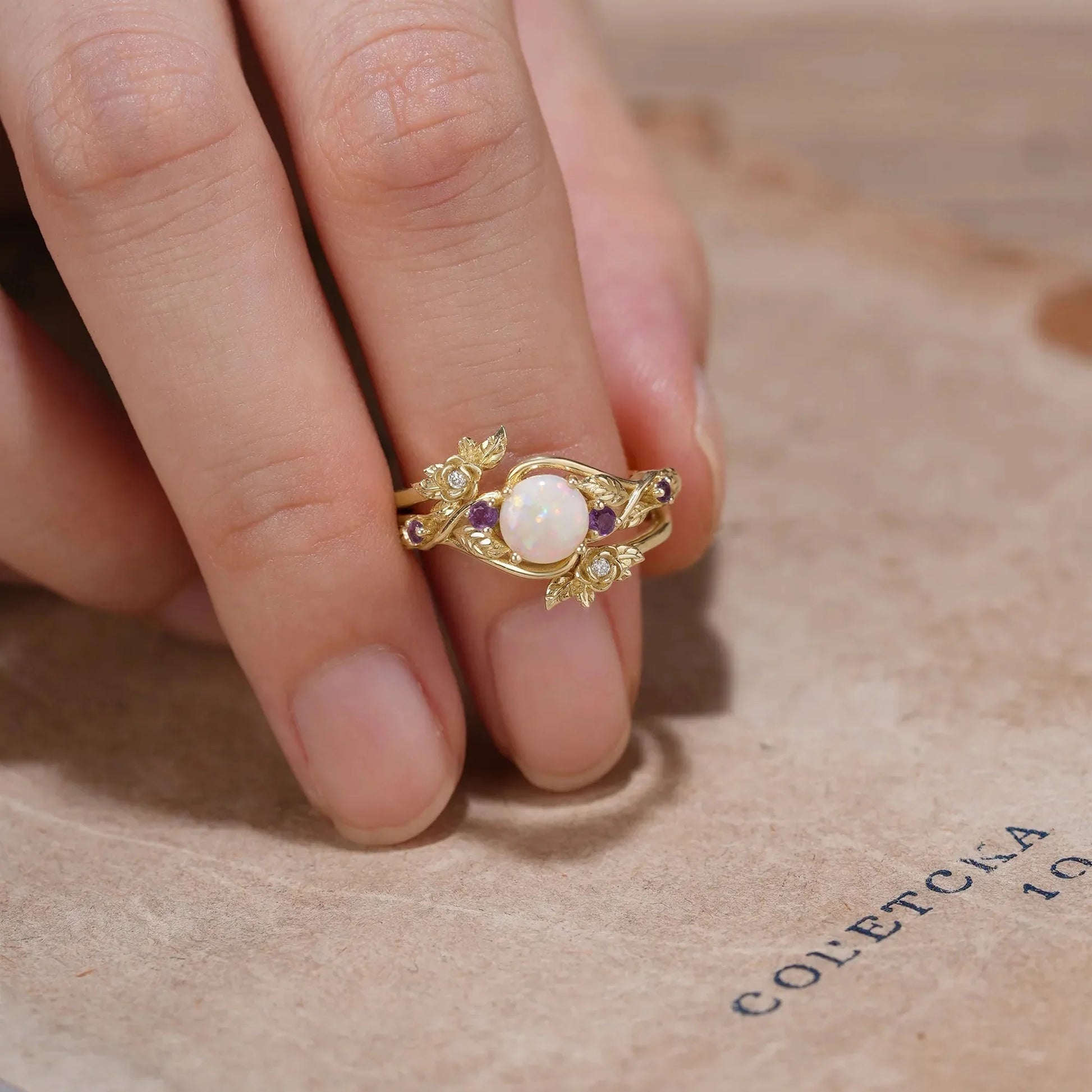 Rose’s Blossom | Opal & Amethyst Bridal Ring Set 2pcs.