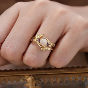 Rose’s Blossom | Opal & Amethyst Bridal Ring Set 2pcs.