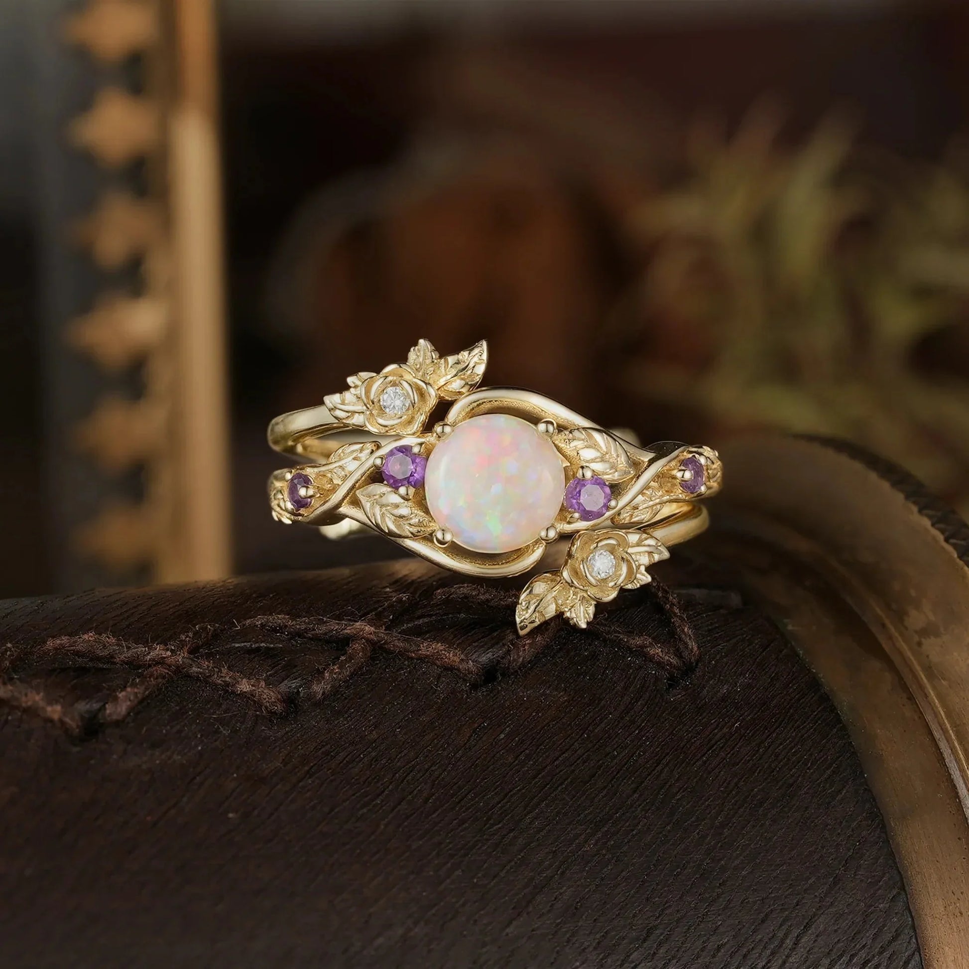 Rose’s Blossom | Opal & Amethyst Bridal Ring Set 2pcs.