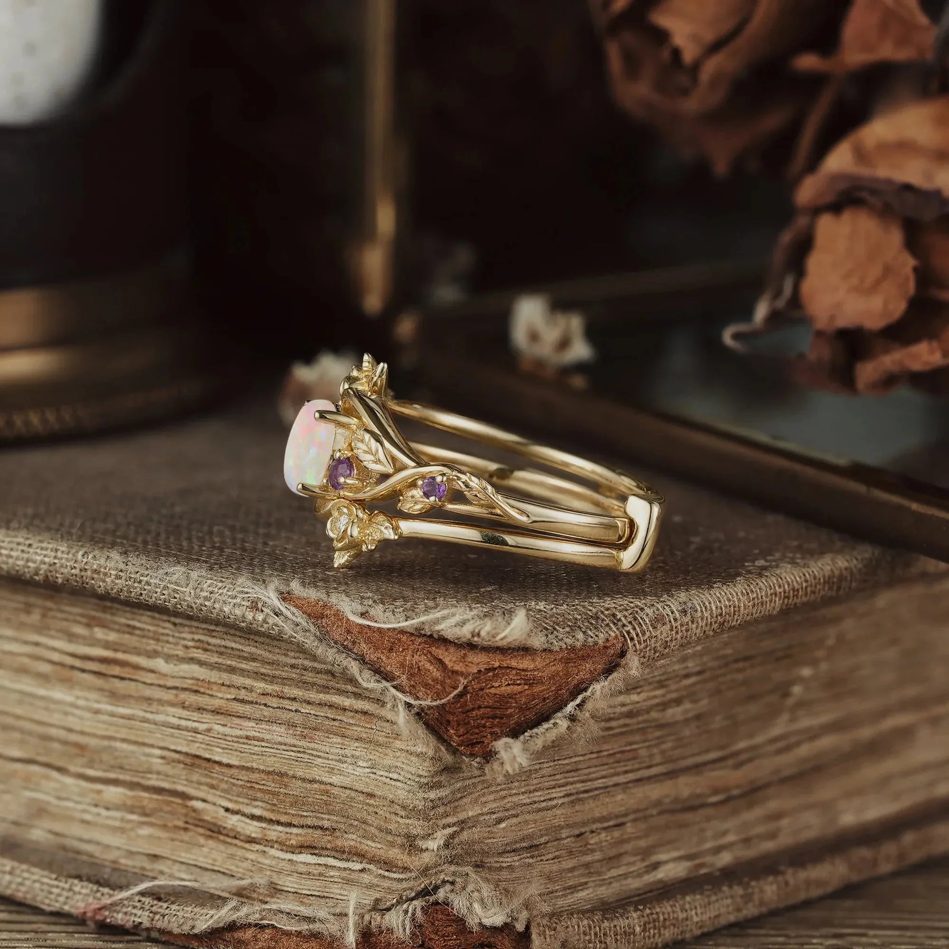 Rose’s Blossom | Opal & Amethyst Bridal Ring Set 2pcs.