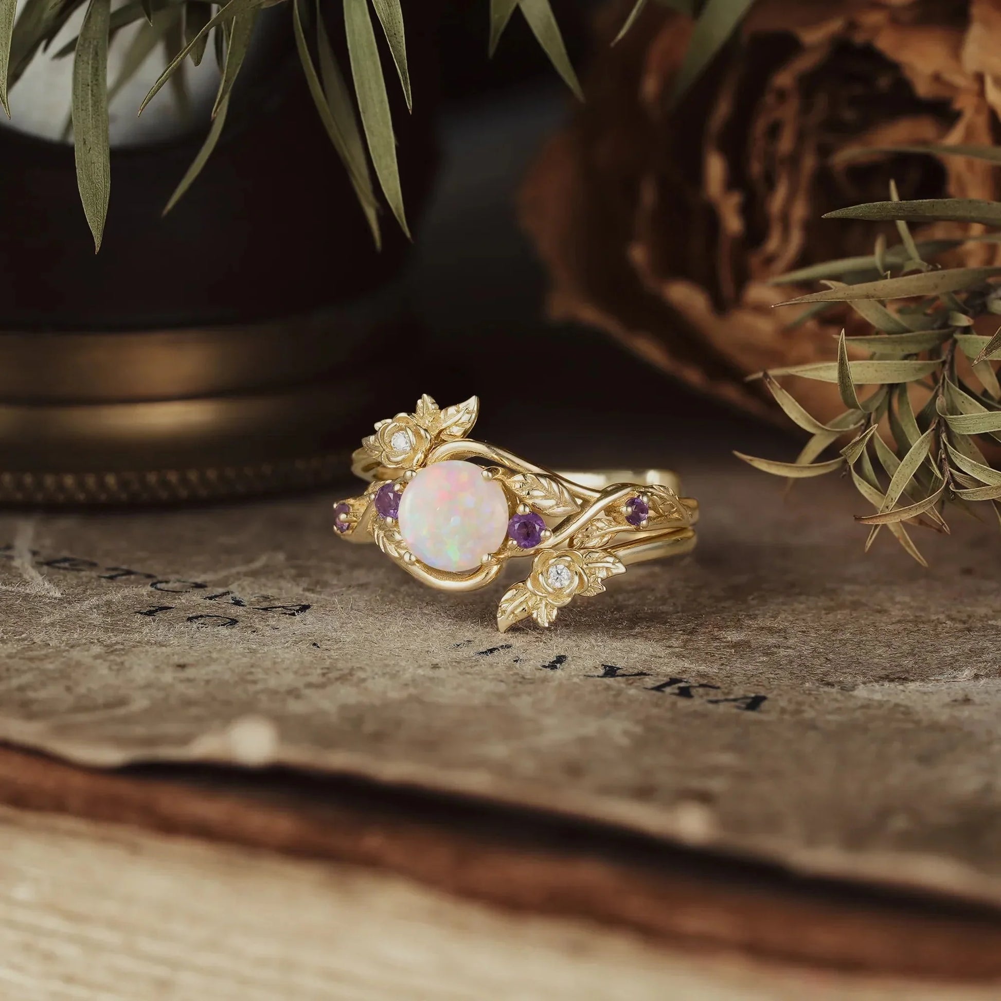 Rose’s Blossom | Opal & Amethyst Bridal Ring Set 2pcs.