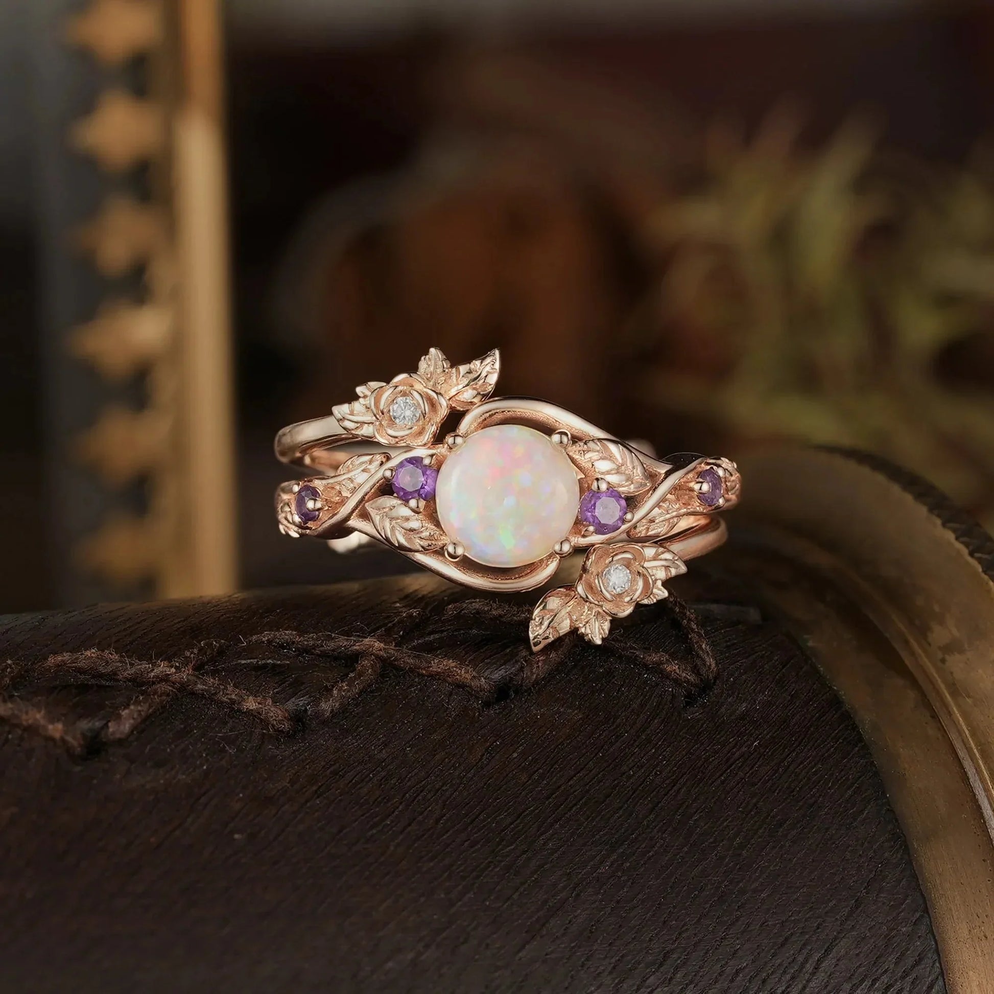 Rose’s Blossom | Opal & Amethyst Bridal Ring Set 2pcs.