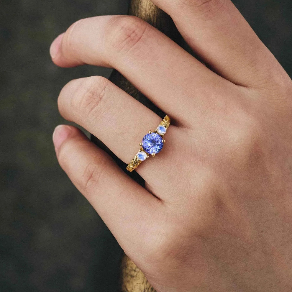 Selene’s Deep | Round Tanzanite & Moonstone Cluster Ring.